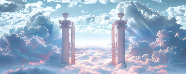 Wall Mural - Surreal sky scene with two classical columns among fluffy clouds under a bright sky with sunbeams.