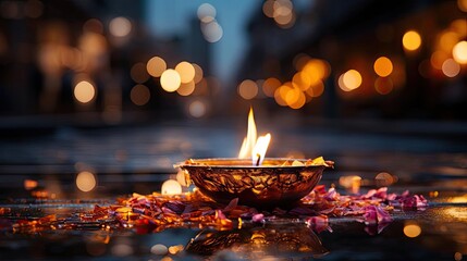 Wall Mural - happy diwali background with burning candles, dark and blurred background