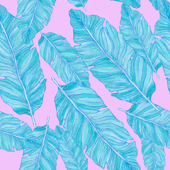 Hand drawn banana blue leaves seamless pattern on pink background