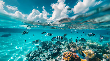 underwater view of a coral reef with many colorful fish swimming in blue clear water. scuba diving. snorkeling. summer rest