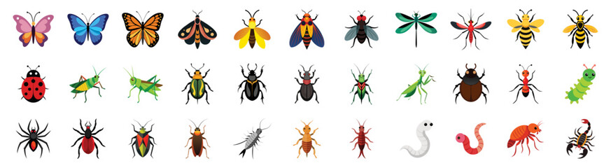 Collection of Colorful Insect Icons, vector flat cartoon illustration - butterfly, bee, ant, ladybug, caterpillar, dragonfly, moth, wasp, grasshopper, cricket, cockroach.