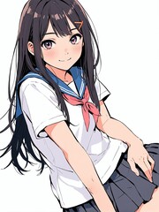 Poster - portrait of happy black hair smiling school girl posing cute on plain white background anime cartoon style from Generative AI