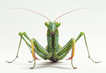 Wall Mural - Close-up portrait of a green praying mantis on a white background, showcasing its detailed body structure and vibrant colors.
