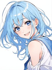 Wall Mural - portrait of happy blue hair smiling school girl posing cute on plain white background anime cartoon style from Generative AI