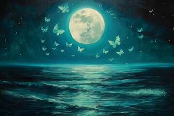 a canvas painting depicting a serene full moon shining brightly over a calm ocean, with teal green b