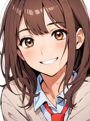 Wall Mural - portrait of happy brunette smiling school girl posing cute on plain white background anime cartoon style from Generative AI