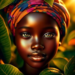 Wall Mural - African girl with headscarf and green leaves. 