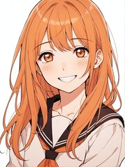 Poster - portrait of happy orange hair smiling school girl posing cute on plain white background anime cartoon style from Generative AI