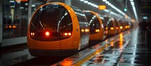 Automated Transport Systems Futuristic Orange Monorail Gliding Through A Sleek Illuminated City Terminal At Night