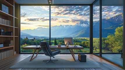 mountain view home office with black and gray chairs, a wood table, and a white laptop on a blue and gray rug, overlooking a large window with a green tree in the background