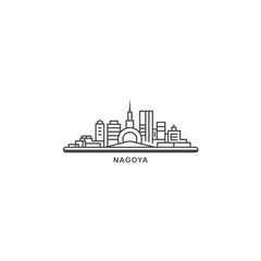 Wall Mural - Nagoya cityscape skyline city panorama vector flat modern logo icon. Japan megapolis emblem idea with landmarks and building silhouettes. Isolated thin line black graphic