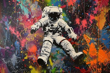 a graffiti canvas painting depicting an astronaut floating against a backdrop of vibrant cosmic spla