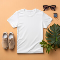 Wall Mural - Fashion-forward shirt mockup featuring a blank t-shirt and trendy summer accessories on a light, soft background.