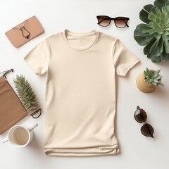 Wall Mural - Seasonal t-shirt template featuring a neutral-colored shirt with elegant summer accessories like bracelets and sunglasses.
