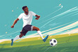 Digital art flat illustration of soccer players in action with the ball. Player run and hit the ball