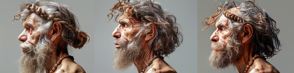 A series of three profile portraits of an elderly man with curly hair and a beard, showing different angles of his face against a gray background.