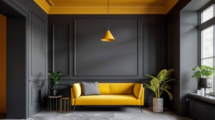 Slate gray walls with mustard yellow wainscoting and mustard yellow ceiling with slate gray crown molding.