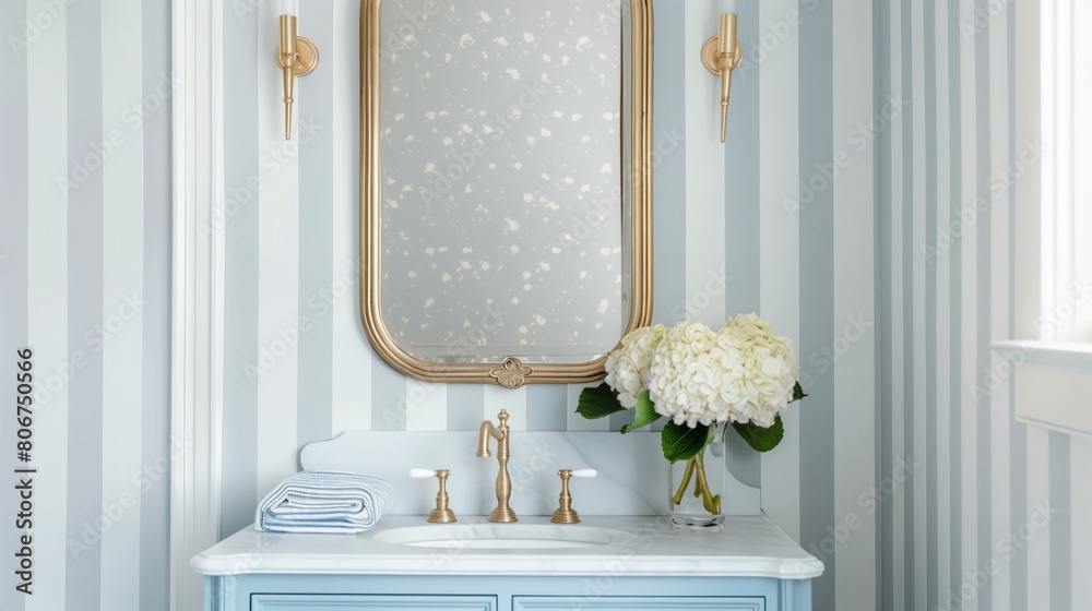 Soft gray and pale blue striped wallpaper in a powder room with pale ...