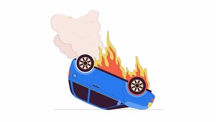 Poster - Car upside down on fire line 2D object animation. Flame on vehicle. Dangerous road accident flat color cartoon 4K video, alpha channel. Auto burning after crash animated item on white background