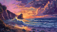 A Picturesque Coastal View With Rugged Cliffs Overlooking The Ocean, Crashing Waves Against The Rocky Shore, And A Colorful Sunset Painting The Sky With Shades Of Orange, Pink, And Purple.