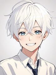 Poster - portrait of happy white hair smiling school boy on plain white background anime cartoon style from Generative AI