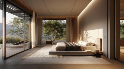 Wall Mural - sleek minimalist bedroom with smart climate control featuring a white bed with pillows, a brown chair, and a white rug on a wood floor the room is illuminated by natural light from a