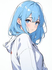 Poster - portrait of blue hair young girl posing shy cute on plain white background anime cartoon style from Generative AI