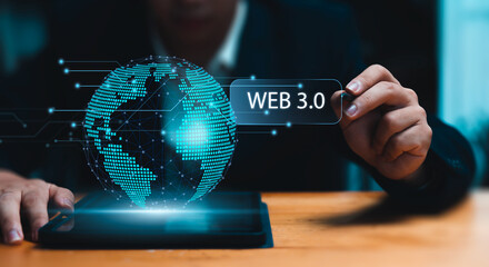 Poster - future internet blockchain business person interacting with web 3.0 global communication and network
