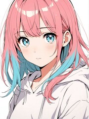 Wall Mural - portrait of colorful hair young girl posing shy cute on plain white background anime cartoon style from Generative AI