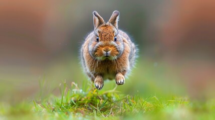   A bunny in close-up, paws elevated, galloping through tall grass