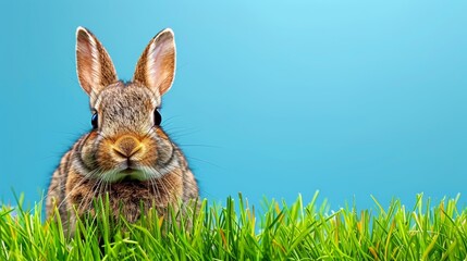 Wall Mural -   A rabbit sits in the grass, gazing at the camera against a backdrop of a blue sky