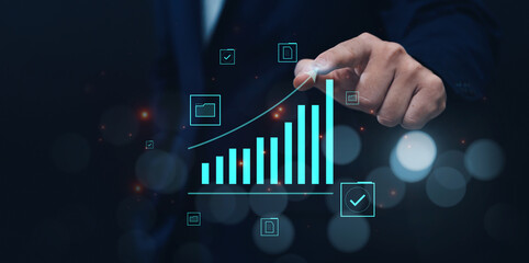 Poster - businessman analyzing company's financial revenue and profit with value increasing charts, informati