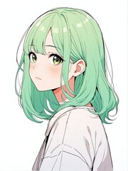 Poster - portrait of green hair young girl posing shy cute on plain white background anime cartoon style from Generative AI