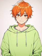 Poster - portrait of orange hair young boy posing shy cute on plain white background anime cartoon style from Generative AI