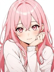 Wall Mural - portrait of pink hair young girl posing shy cute on plain white background anime cartoon style from Generative AI