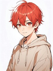 Sticker - portrait of red hair young boy posing shy cute on plain white background anime cartoon style from Generative AI