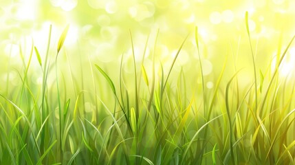 Wall Mural - Fresh Spring Grass In A Blurred Green Natural Setting, Cartoon Background