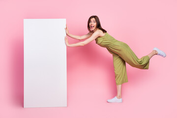 Wall Mural - Full body photo of crazy lady stylish clothes hold banner empty space impressed big shopping sale isolated on pink color background