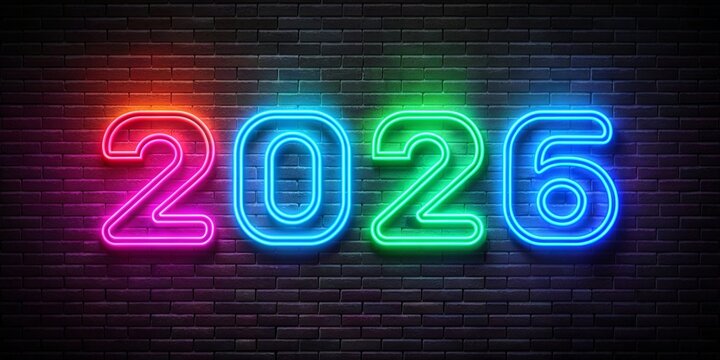 Happy New Year 2026 glowing neon sign on brick wall background.