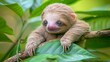   A smiling baby sloth atop a green leafy branch