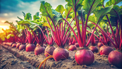 Wall Mural - A vibrant display of ripe red beets nestled among lush green leaves in a home farm’s garden. The image beautifully captures the bounty of nature and the joy of home gardening.