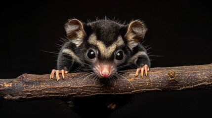 Wall Mural -   A small animal on a branch, paws on head, against a black background