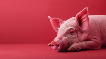   A pink pig atop a red table, next to a bottle of wine and a can of soda