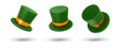 Saint Patrick's Day and magic show concept. Set 3d style illustration of a green Cylinder magic hat with golden ribbon. Vector art isolated on white background