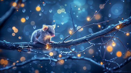 Wall Mural -   A small rodent perched on a tree branch adorned with numerous lights