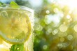Dew drops on lemonade glass with sunlit green backdrop