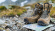 Close-up of well-worn hiking boots on mountain trail with map