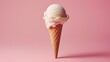 Melting vanilla ice cream cone on pink background