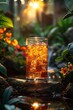 Dew-kissed iced tea with floral and sunset garden background