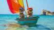 Two cats sailing on a toy boat with a colorful sail in the sea